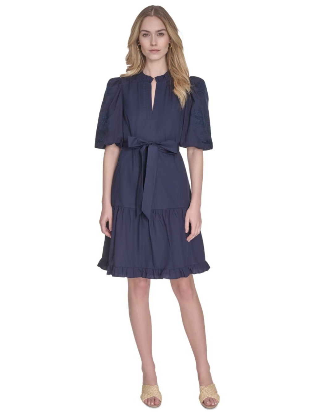 Vince Camuto Women's Split-Neck Elbow-Sleeve Cotton Dress Navy NWT